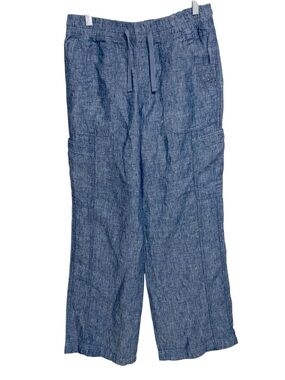 LL Bean Pants Womens Sz 6 Premium Linen Utility Wide Leg Pull On Boho Beach Blue
